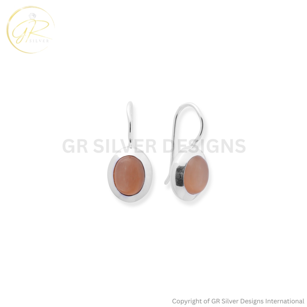 Peach Moonstone Oval Dangle Earrings in 925 Sterling Silver