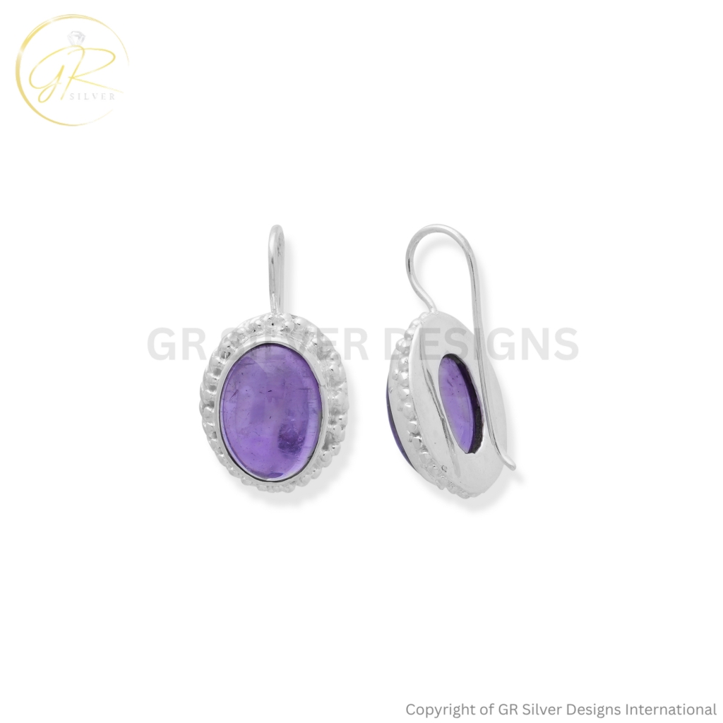 925 Sterling Silver Amethyst Cabochon Dangle Earrings For Girls