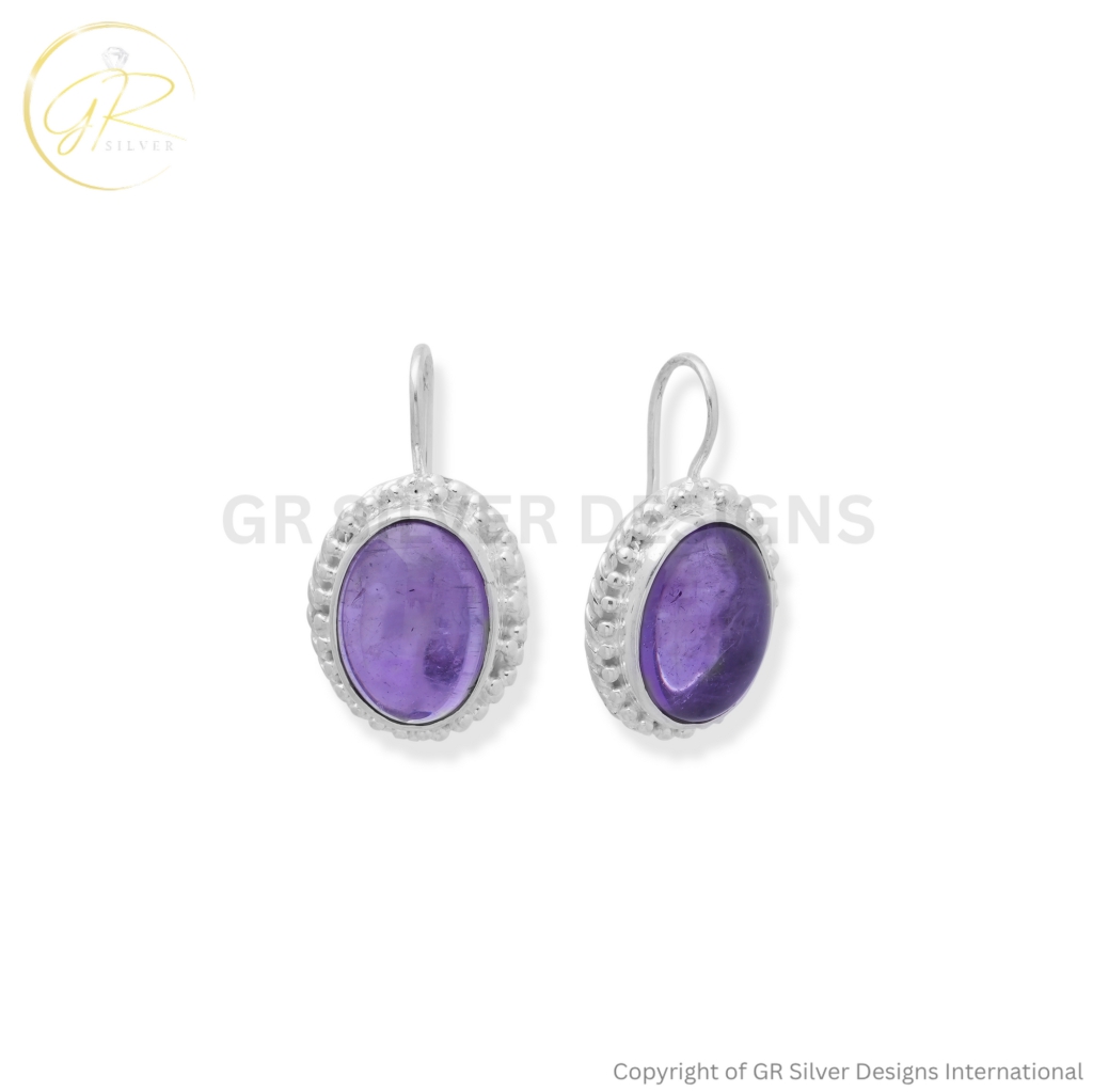925 Sterling Silver Amethyst Cabochon Dangle Earrings For Girls