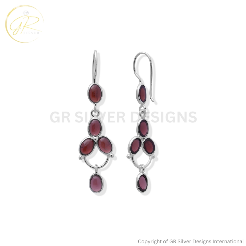Red Garnet Cabochon Dangle Silver Earrings For Weddings