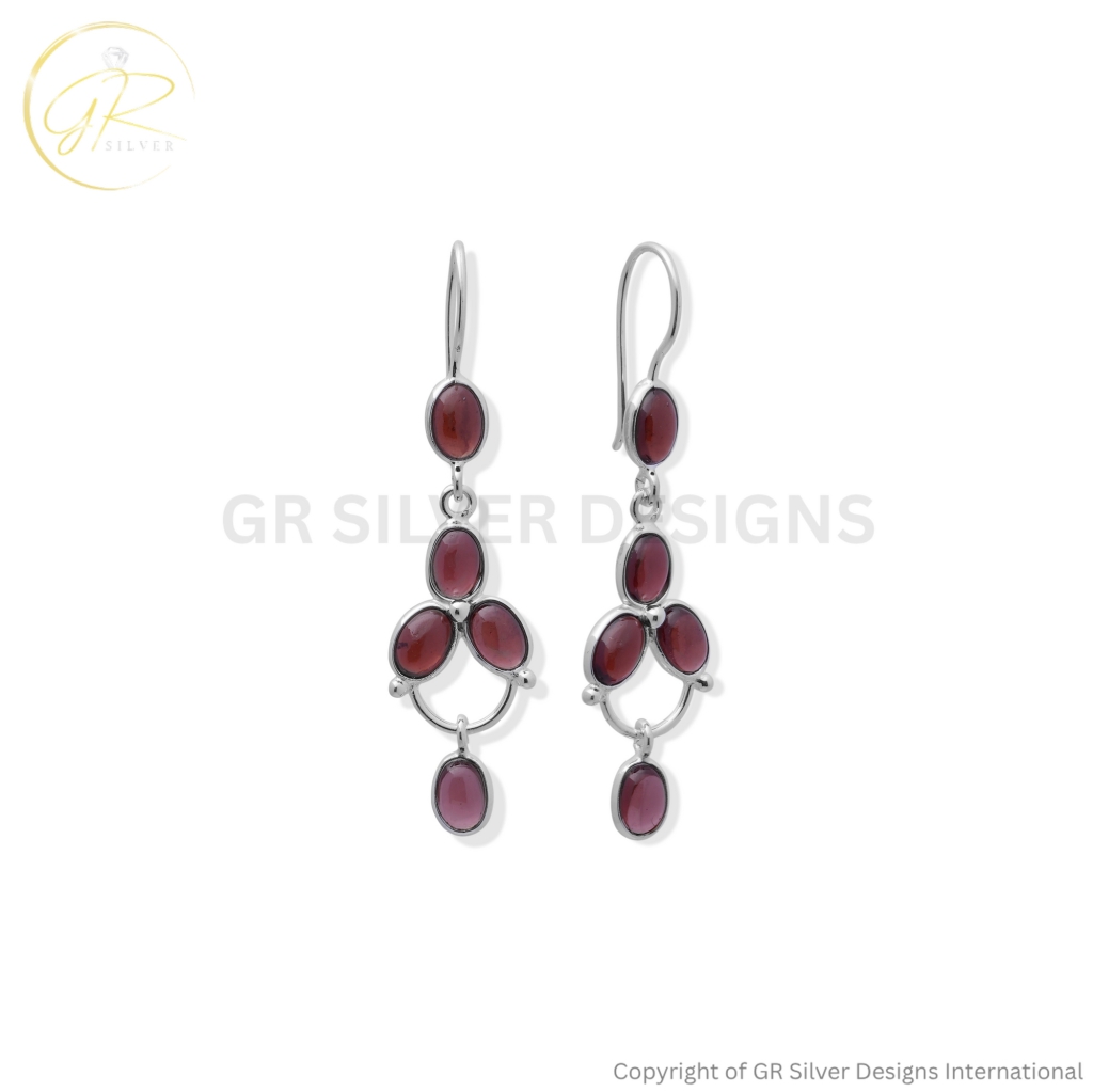 Red Garnet Cabochon Dangle Silver Earrings For Weddings