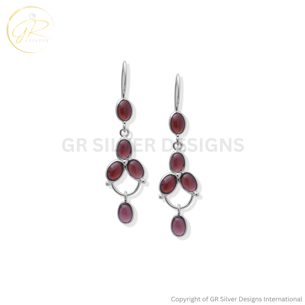 Red Garnet Cabochon Dangle Silver Earrings For Weddings