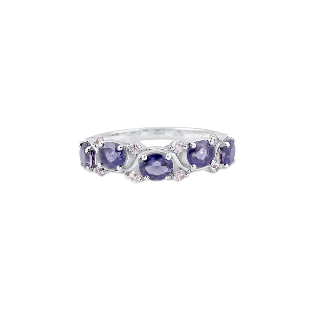Natural Iolite and Cubic Zirconia Gemstone Sterling Silver Band Ring