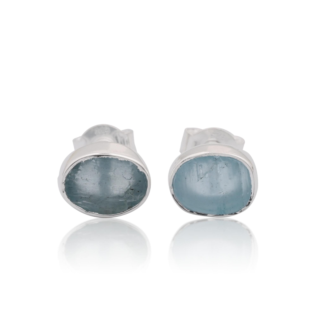 Natural Aquamarine Birthstone Sterling Silver Round Studs Earrings
