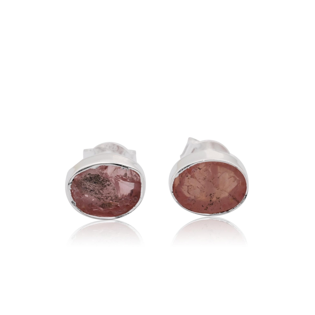 Natural Rose Quartz Birthstone Sterling Silver Round Studs Earrings