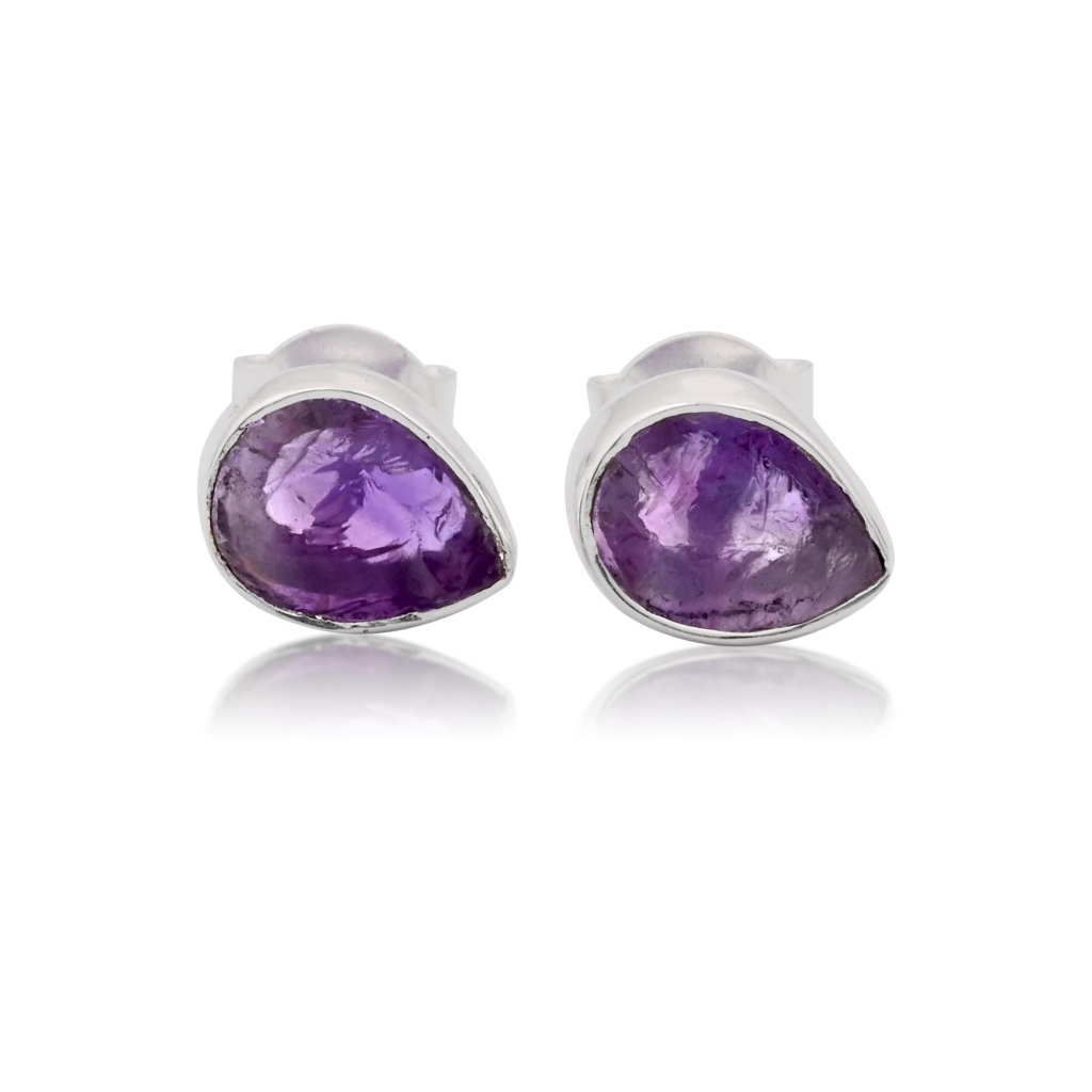 Natural Amethyst  Birthstone Sterling Silver Round Studs Earrings