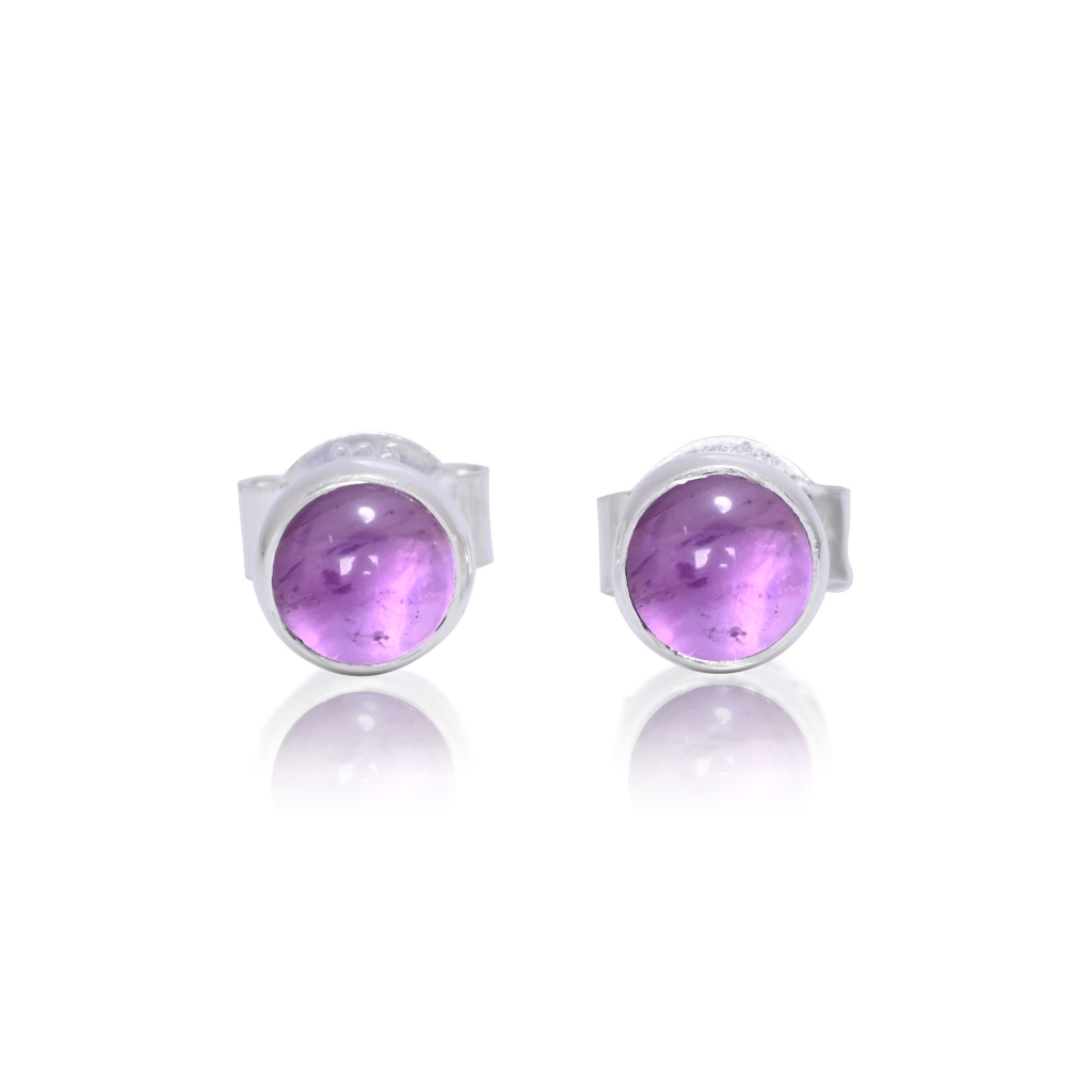 Natural Amethyst Birthstone Sterling Silver Round Studs Earrings