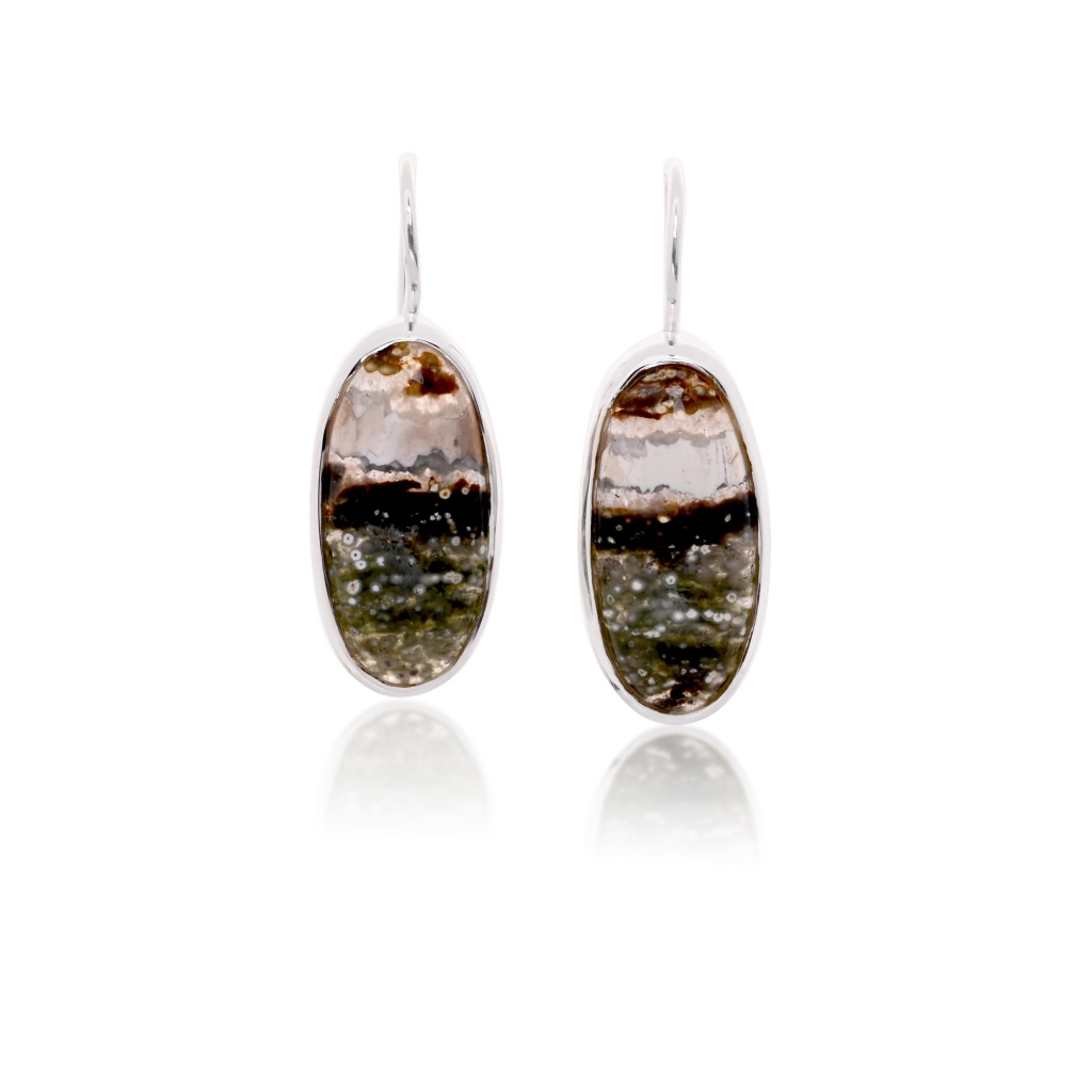 Natural Ocean Jasper Oval Shape Dangle Sterling Silver Women's Earring