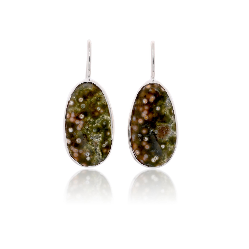 Natural Ocean Jasper Oval Shape Dangle Sterling Silver Women Earring