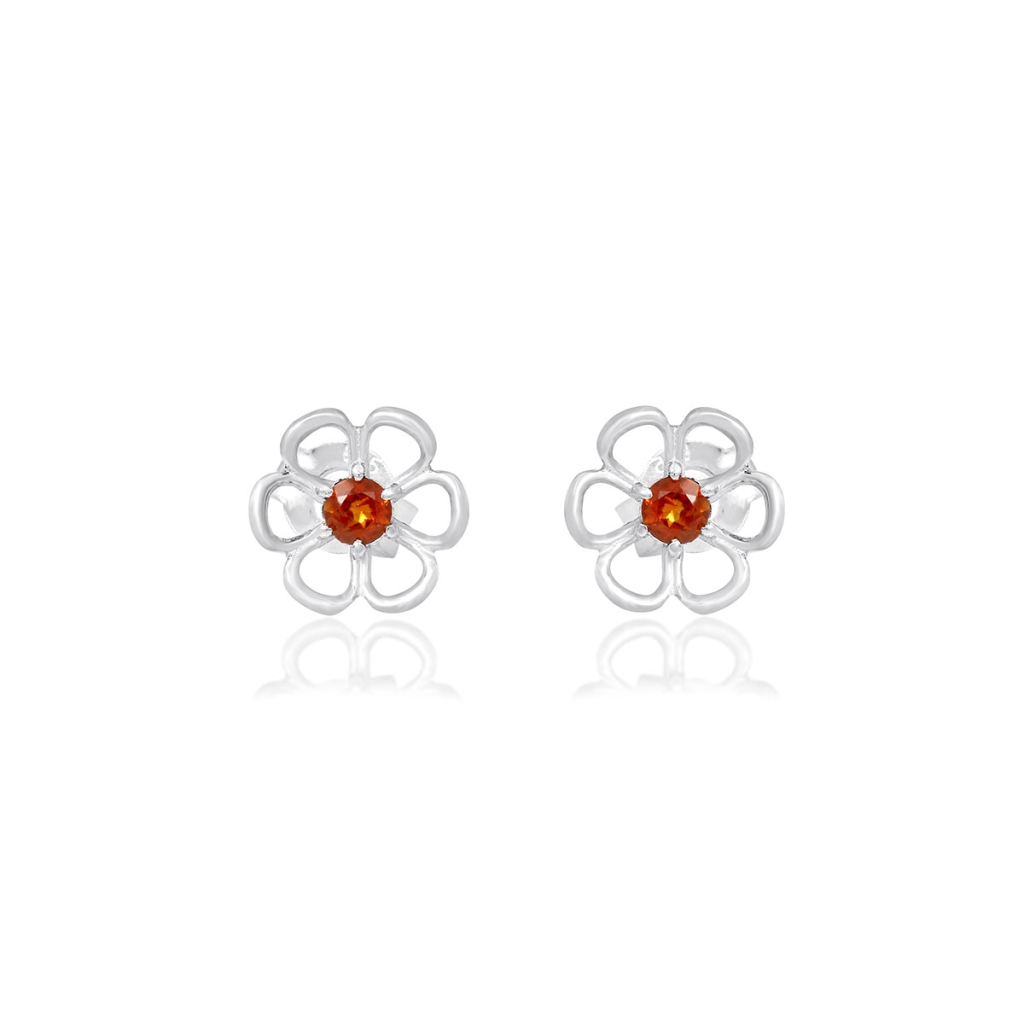 Natural Citrine Birthstone Flower Design Sterling Silver Studs Earrings