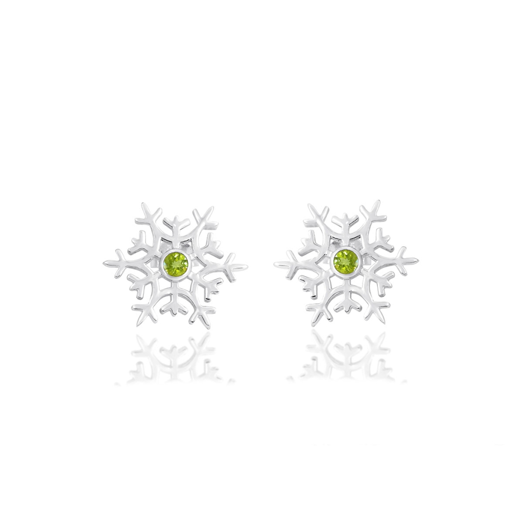 Natural Peridot Birthstone Snowflake Design Sterling Silver Studs Earrings
