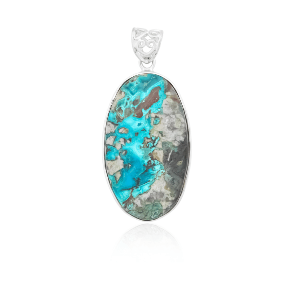 Natural Chrysocolla Crystal Oval Gemstone Sterling Silver Pendant