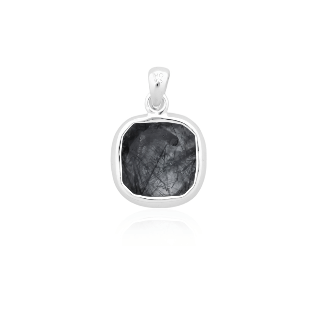 Natural Black Rutile Quartz April Birthstone Sterling Silver Pendant
