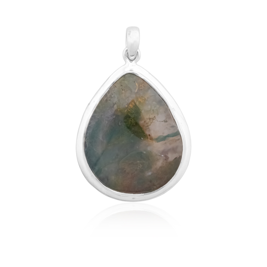 Natural Moss Agate Gemstone Sterling Silver Pendant Necklace
