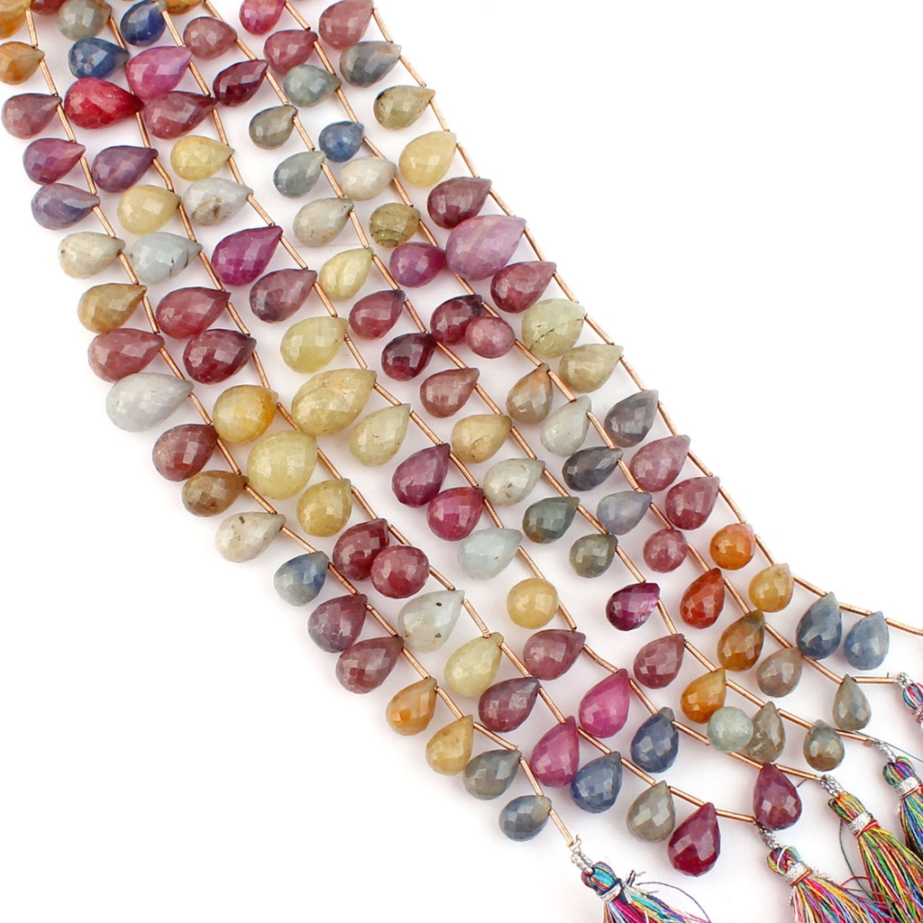 Multi Sapphire Handmade Drops Gemstone Beads 7 Strands 9 Inches