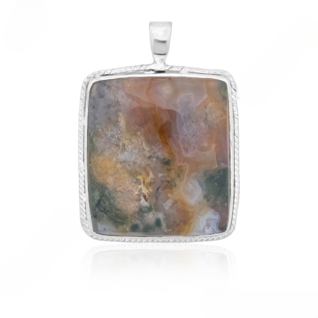 Natural Moss Agate Square Gemstone Sterling Silver Pendant Necklace
