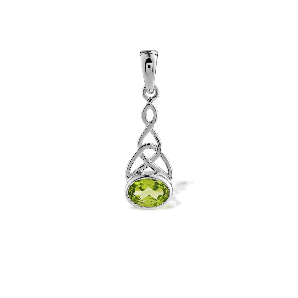 Natural Green Peridot Birthstone Celtic Knot Sterling Silver Pendant Necklace