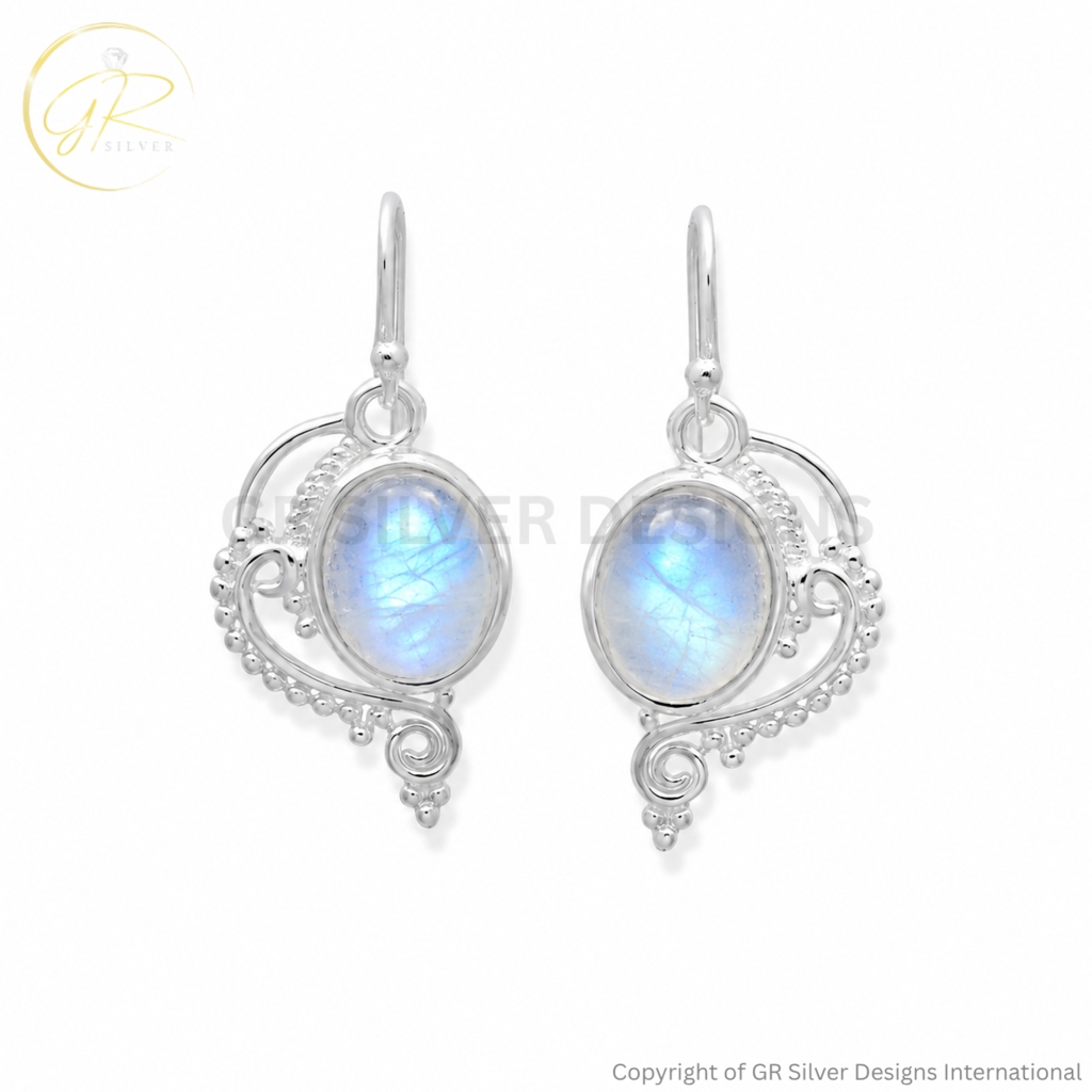 Rainbow Moonstone 9x11mm Oval Gemstone Sterling Silver Dangle Earrings