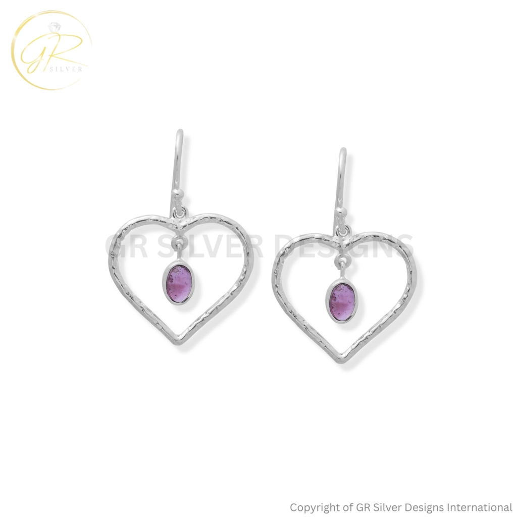Pink Tourmaline Open Heart Sterling Silver Dangle Earrings