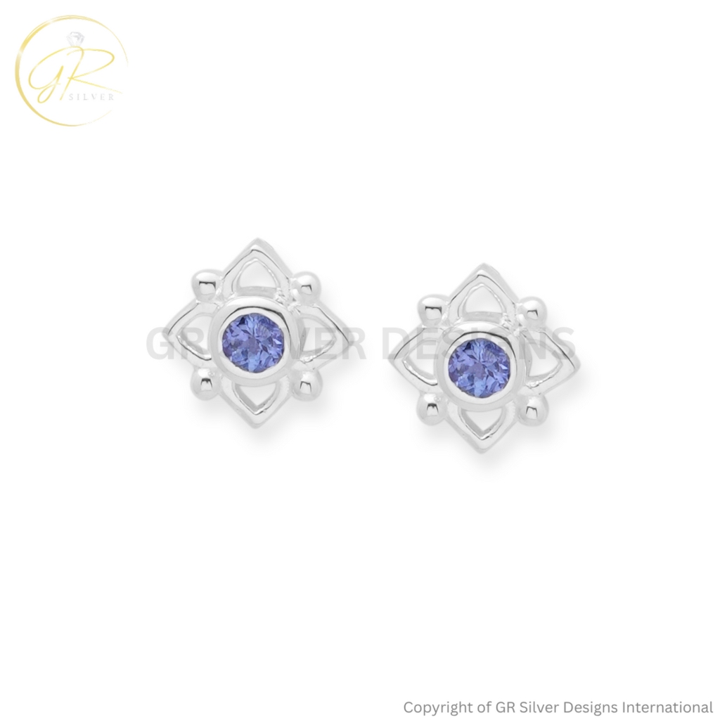 Womens Minimalist Tanzanite Round-Cut Sterling Silver Star Stud Earrings