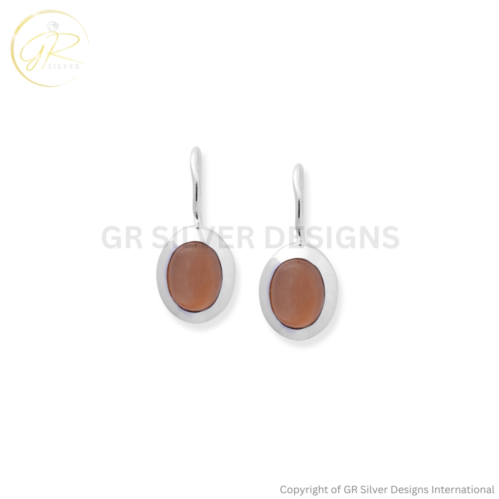 Peach Moonstone Oval Dangle Earrings in 925 Sterling Silver