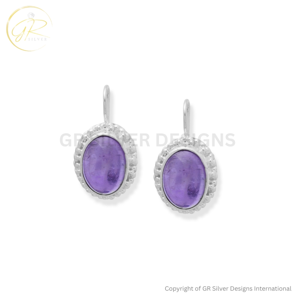 925 Sterling Silver Amethyst Cabochon Dangle Earrings For Girls