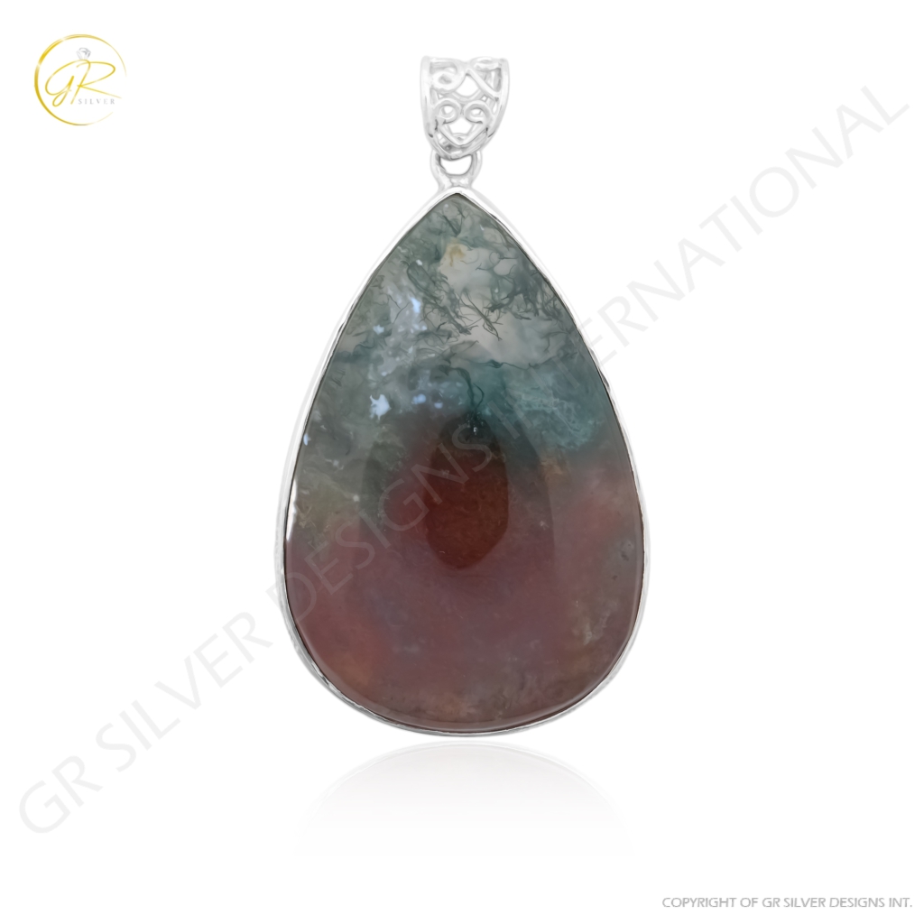 Natural Moss Agate Cabochon Sterling Silver Pendant Jewelry