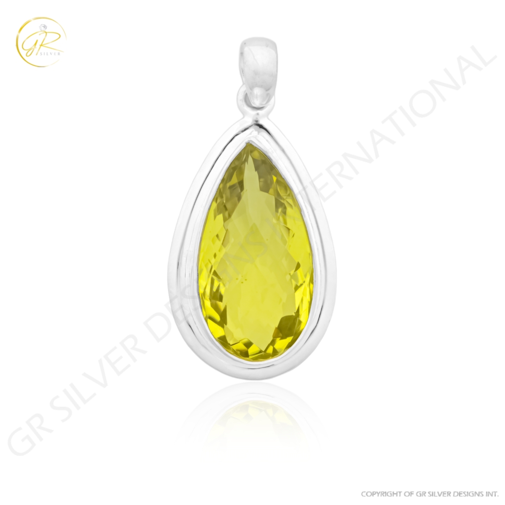 Natural Lemon Quartz February Birthstone Sterling Silver Pendant