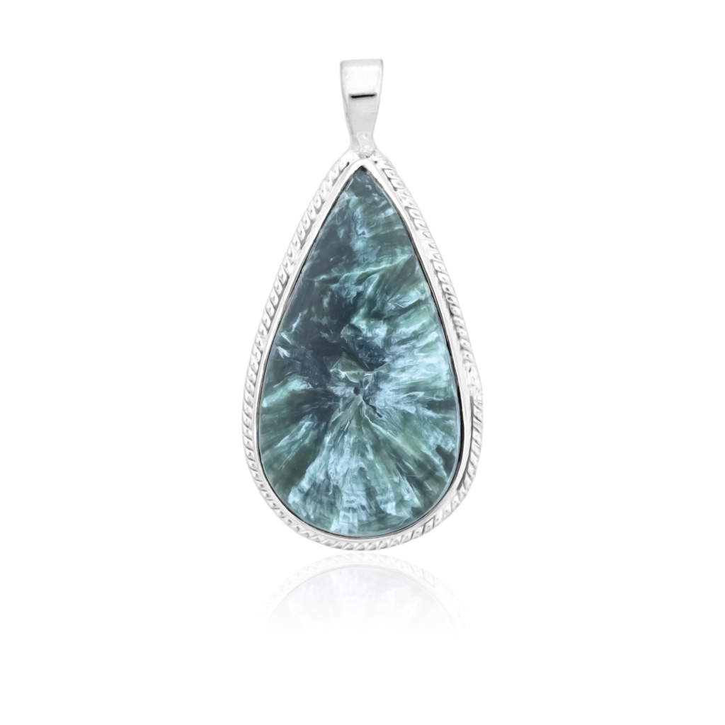 Green Seraphinite Pear Cabochon Sterling Silver Women Pendant