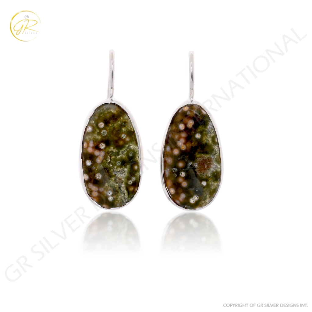 Natural Ocean Jasper Oval Shape Dangle Sterling Silver Women Earring