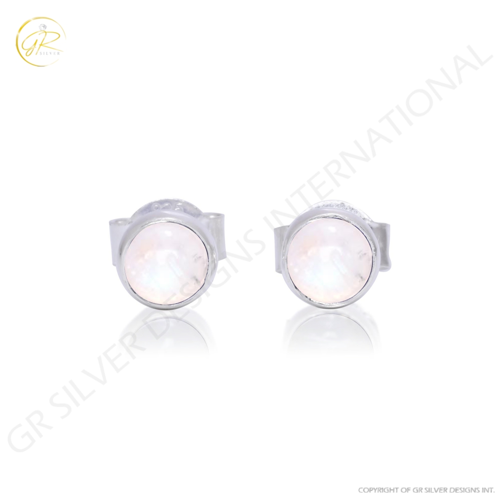 Natural Rainbow Moonstone Birthstone Sterling Silver Round Studs Earrings