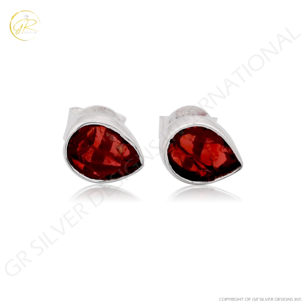 Natural Garnet Birthstone Sterling Silver Round Studs Earrings