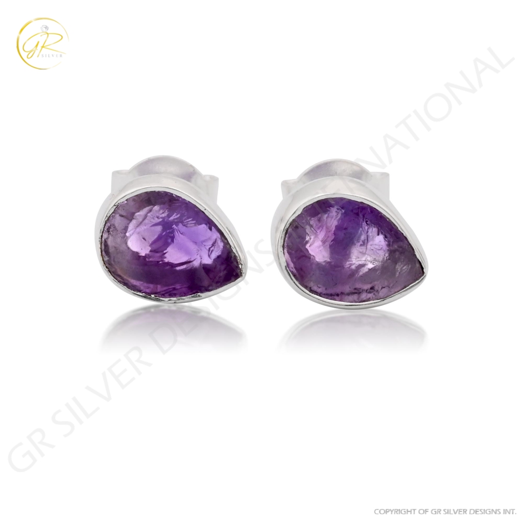 Natural Amethyst  Birthstone Sterling Silver Round Studs Earrings