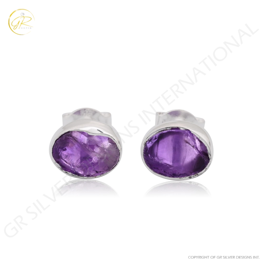 Natural Amethyst Birthstone Sterling Silver Round Studs Earrings