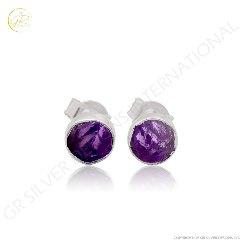 Natural Amethsyt Birthstone Sterling Silver Round Studs Earrings