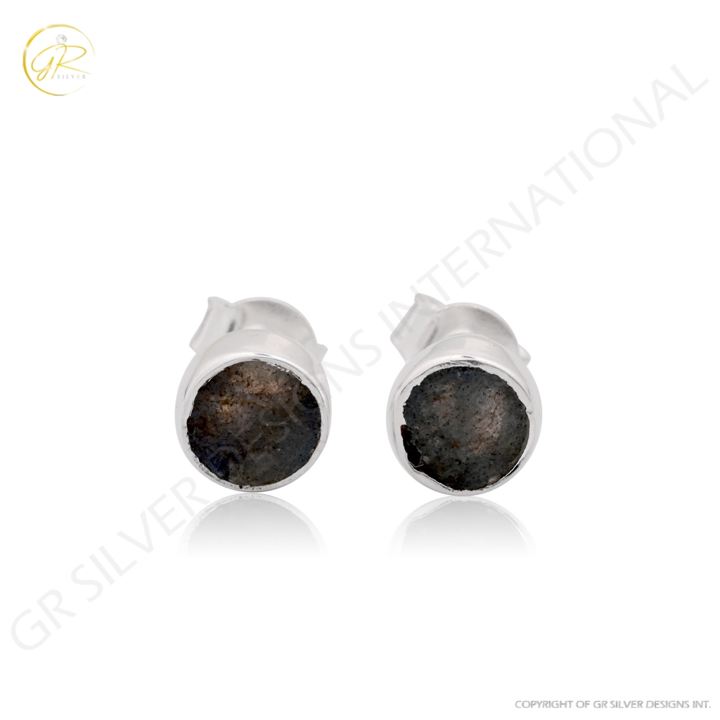 Natural Labradorite Birthstone Sterling Silver Round Studs Earrings