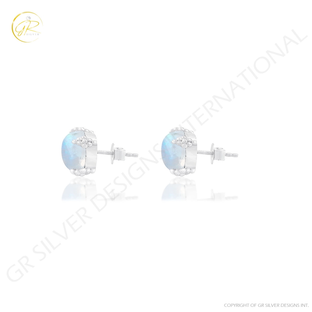 Rainbow Moonstone Sterling Silver Boho Designer Stud Earrings