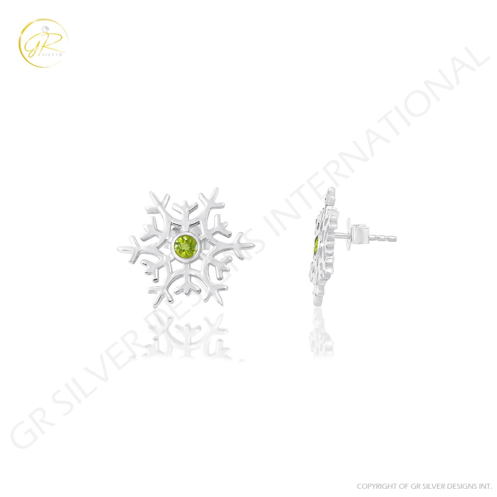 Natural Peridot Birthstone Snowflake Design Sterling Silver Studs Earrings