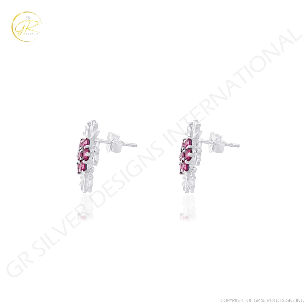 Natural Rhodolite Birthstone Snowflake Design Sterling Silver Studs Earrings