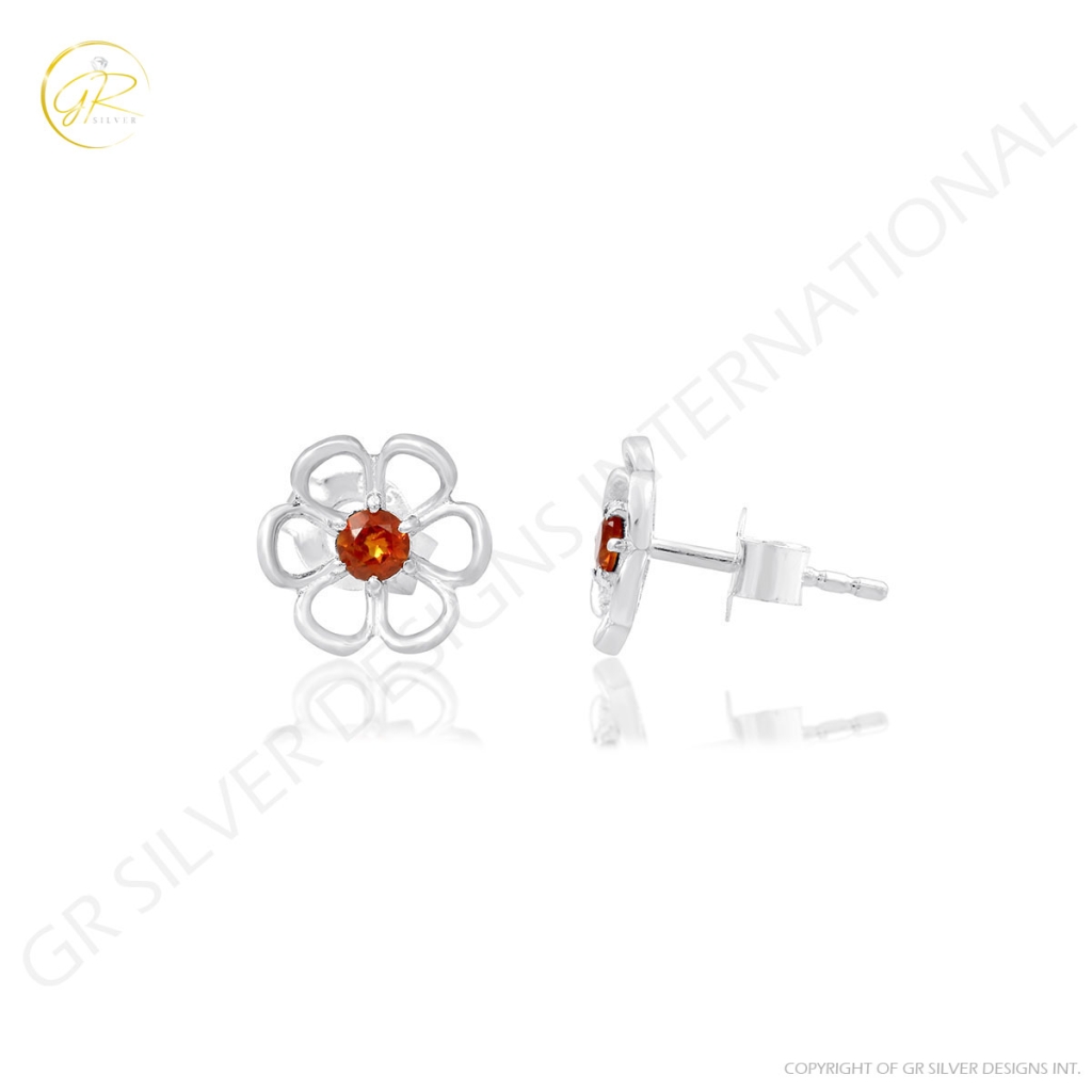 Natural Citrine Birthstone Flower Design Sterling Silver Studs Earrings