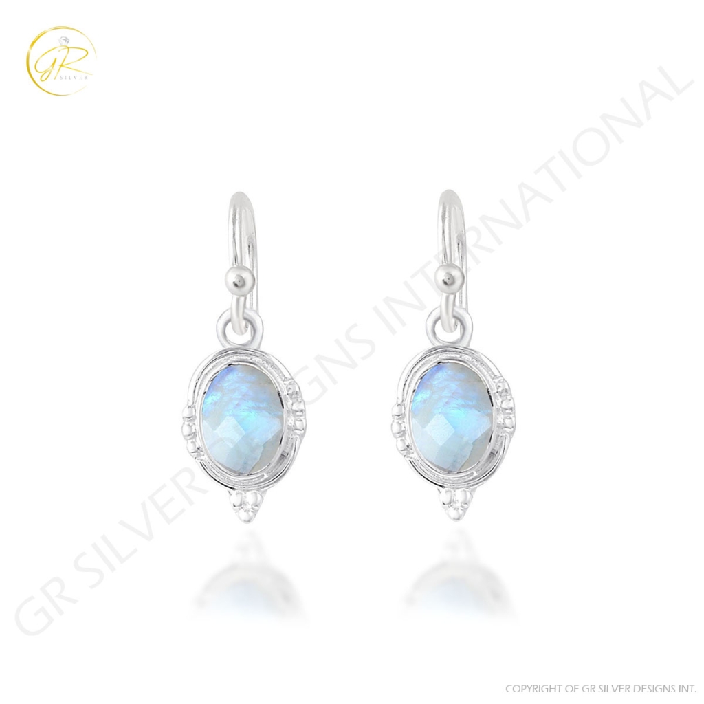 Rainbow Moonstone Dangle Sterling Silver Earrings