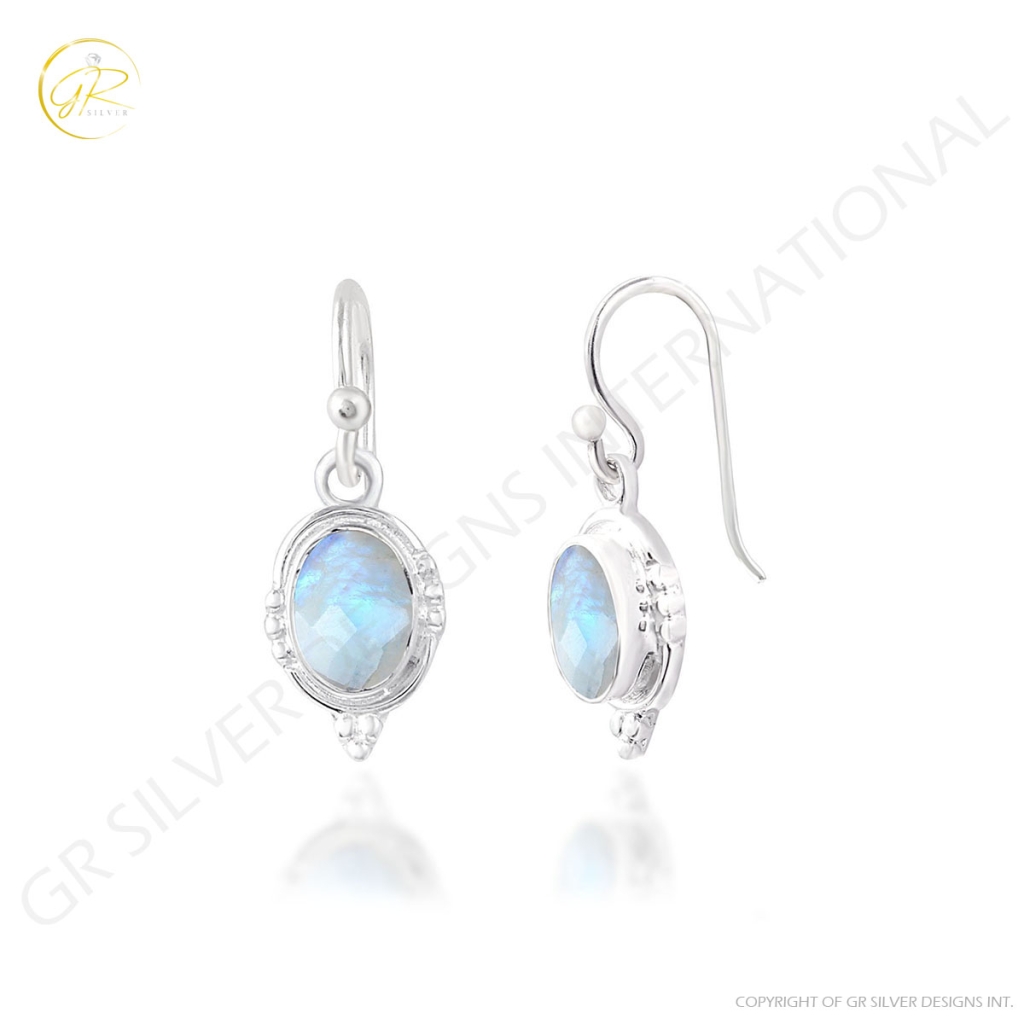 Rainbow Moonstone Dangle Sterling Silver Earrings