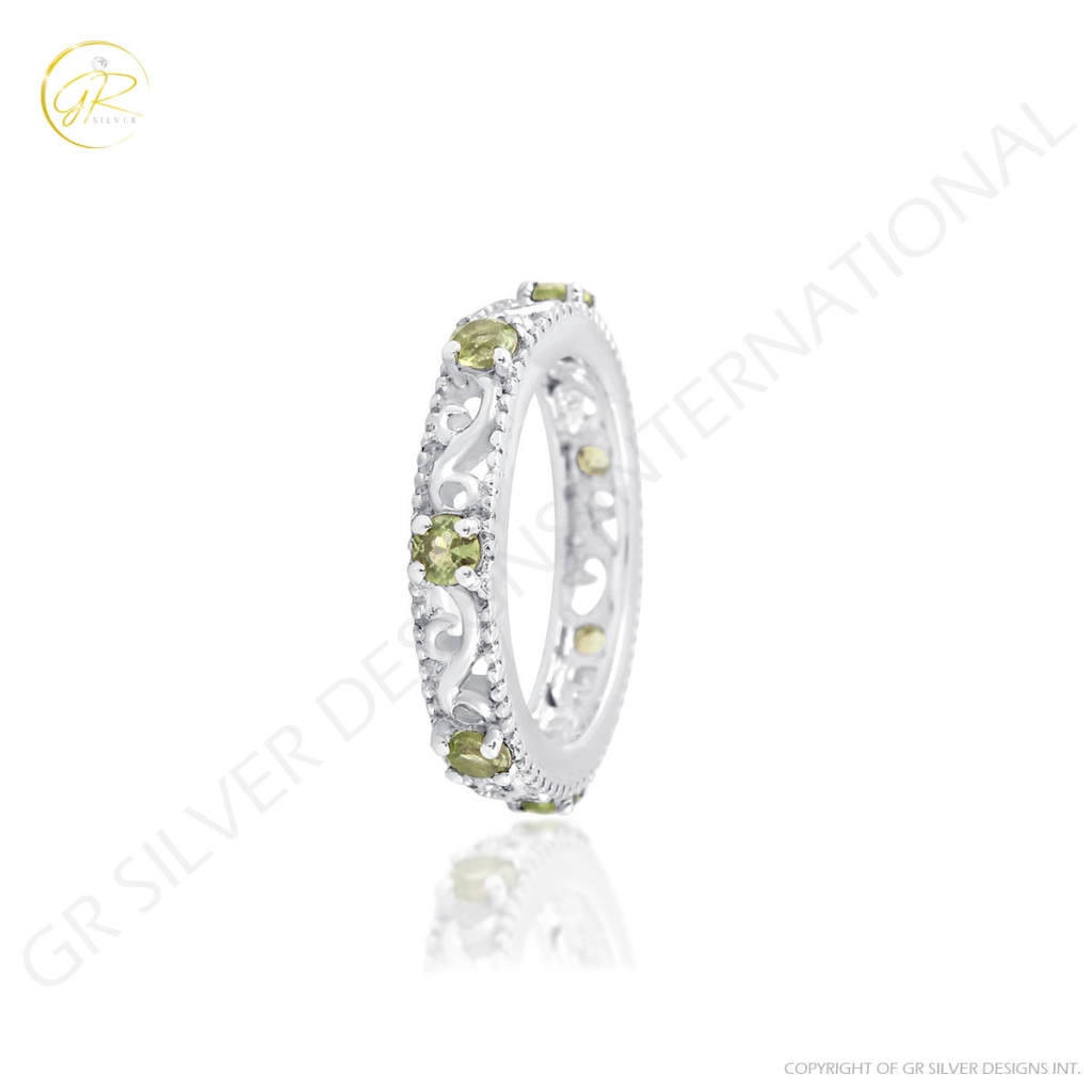 Natural Peridot Gemstone Sterling Silver Band Ring