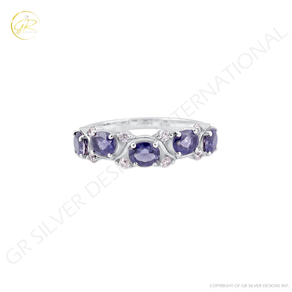 Natural Iolite and Cubic Zirconia Gemstone Sterling Silver Band Ring