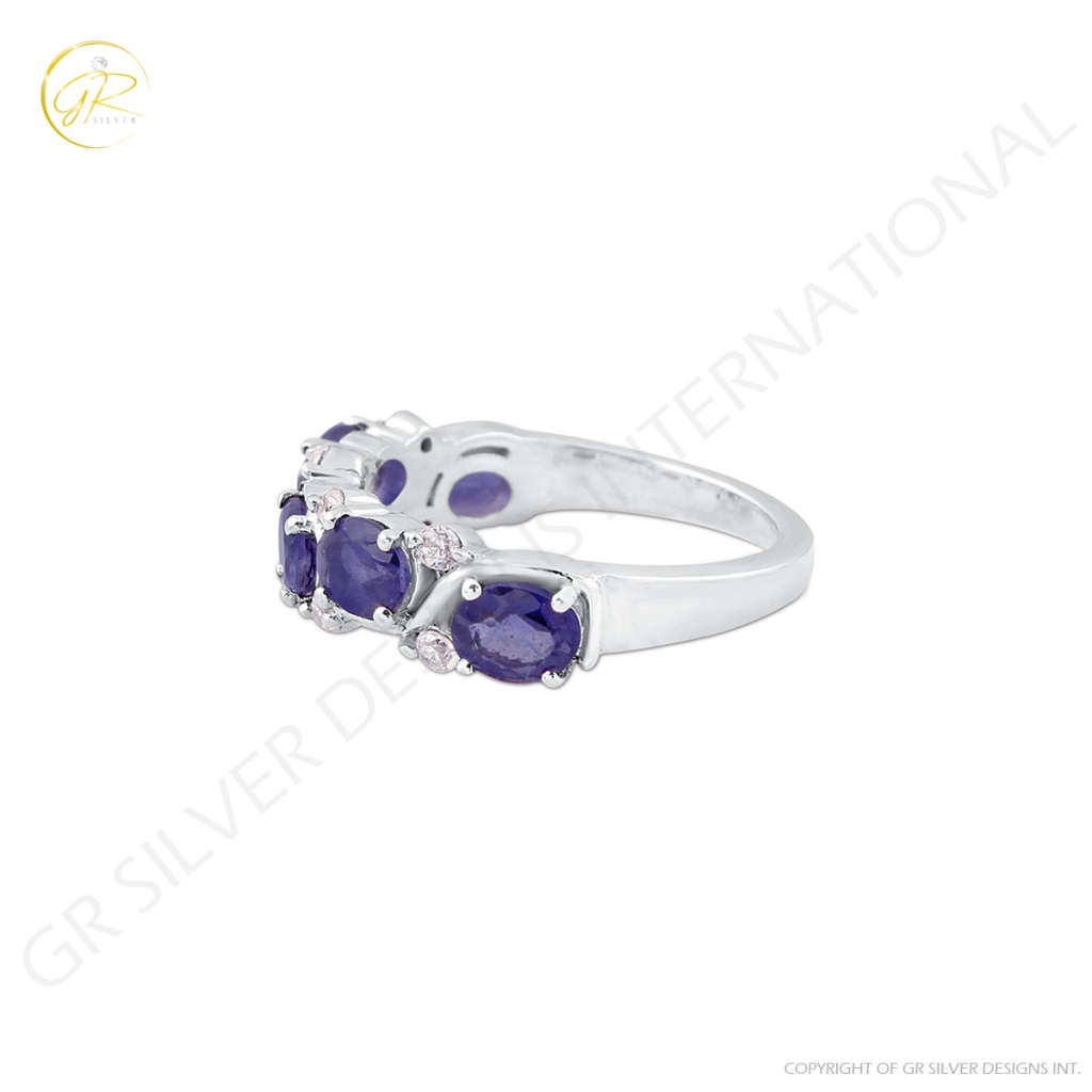 Natural Iolite and Cubic Zirconia Gemstone Sterling Silver Band Ring