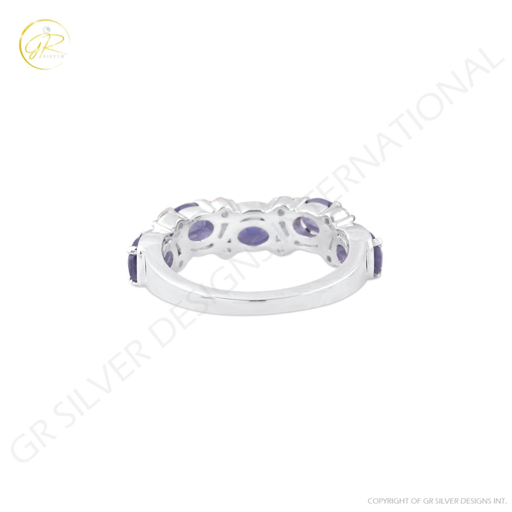 Natural Iolite and Cubic Zirconia Gemstone Sterling Silver Band Ring