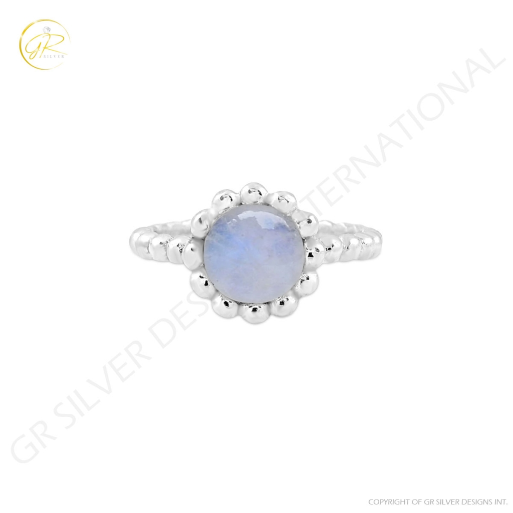 Natural Rainbow Moonstone Sterling Silver Ring