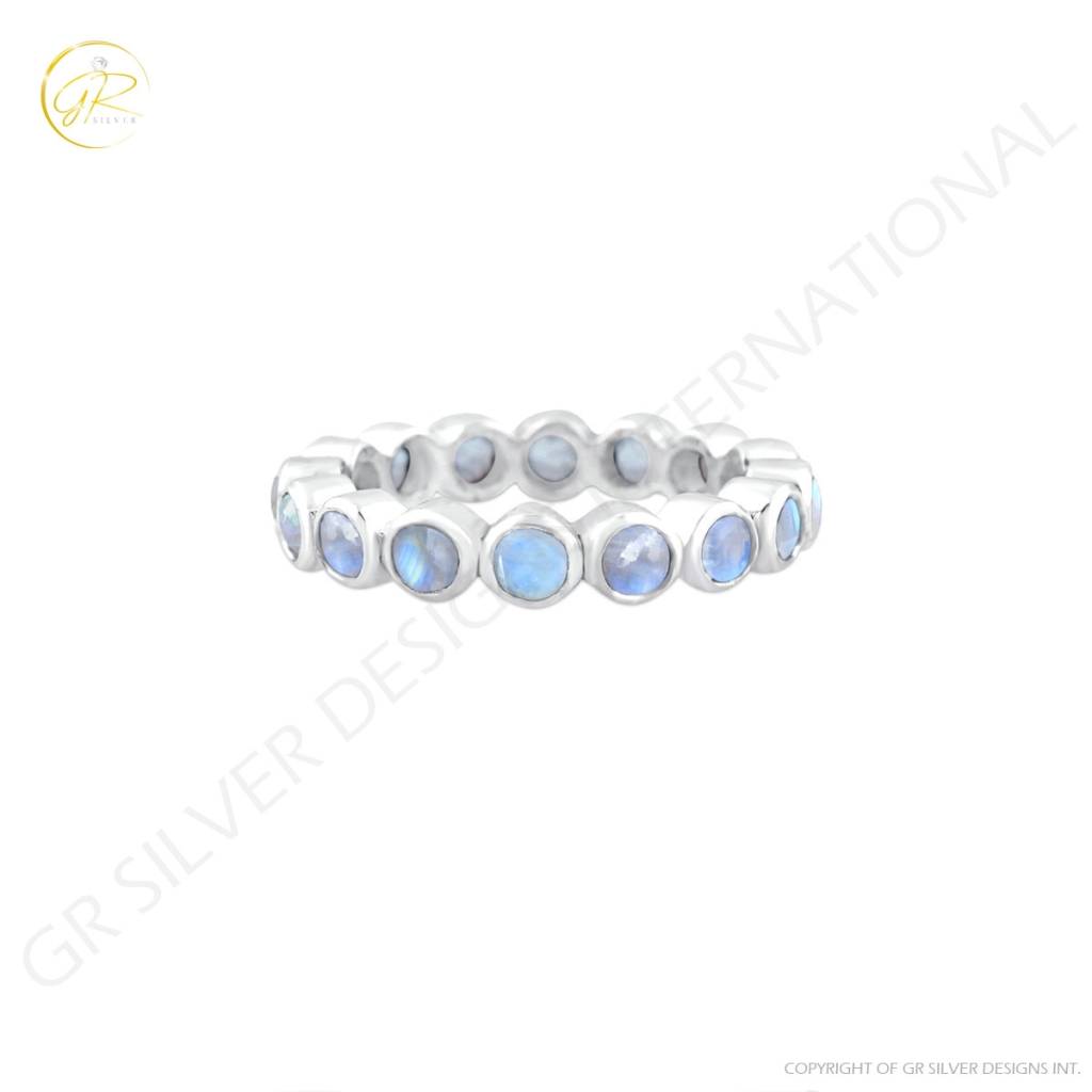 Natural Rainbow Moonstone Gemstone Sterling Silver Band Ring