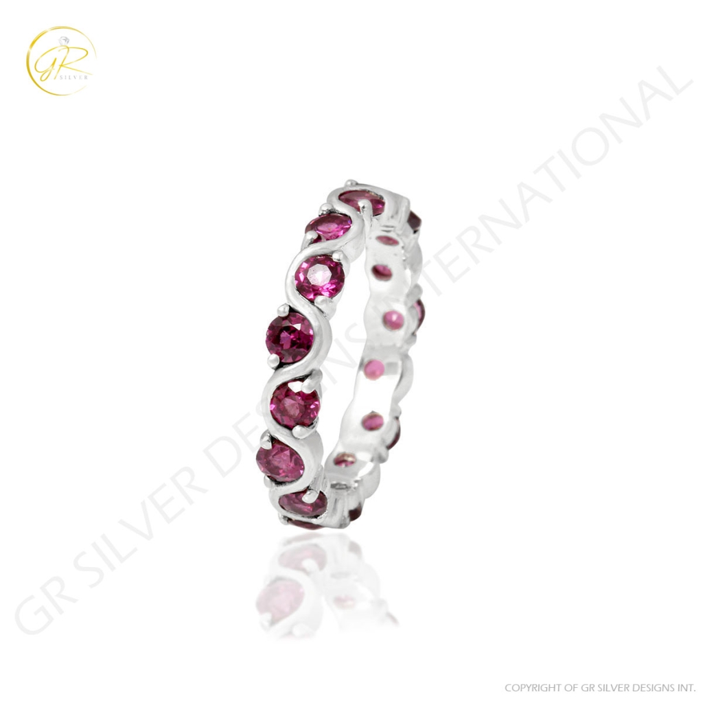 Natural Rhodolite Gemstone sterling silver Band Ring