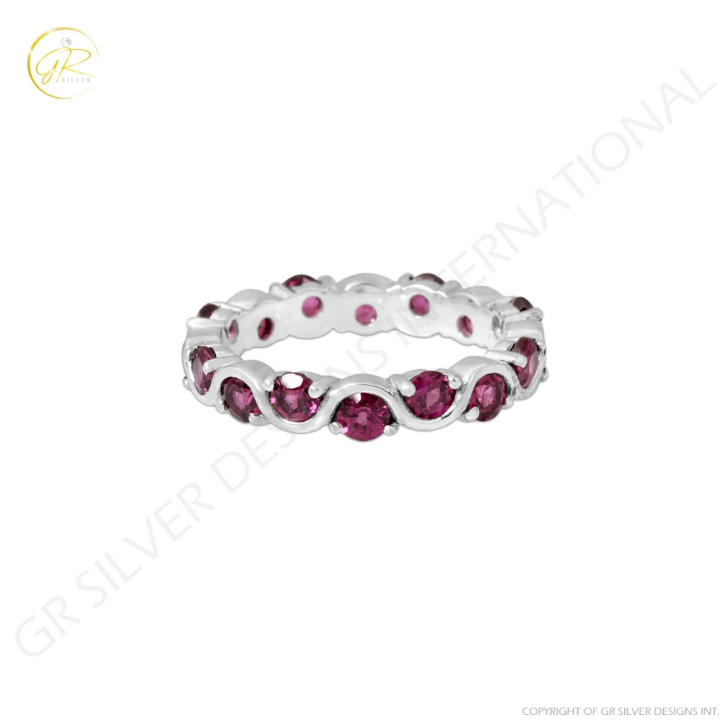 Natural Rhodolite Gemstone sterling silver Band Ring